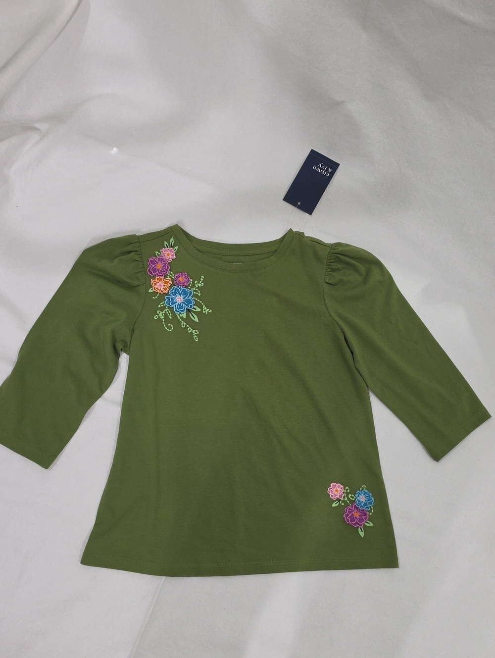 crown & ivy Olive Green Long Sleeve Tee with Multicolor Floral Embroidery